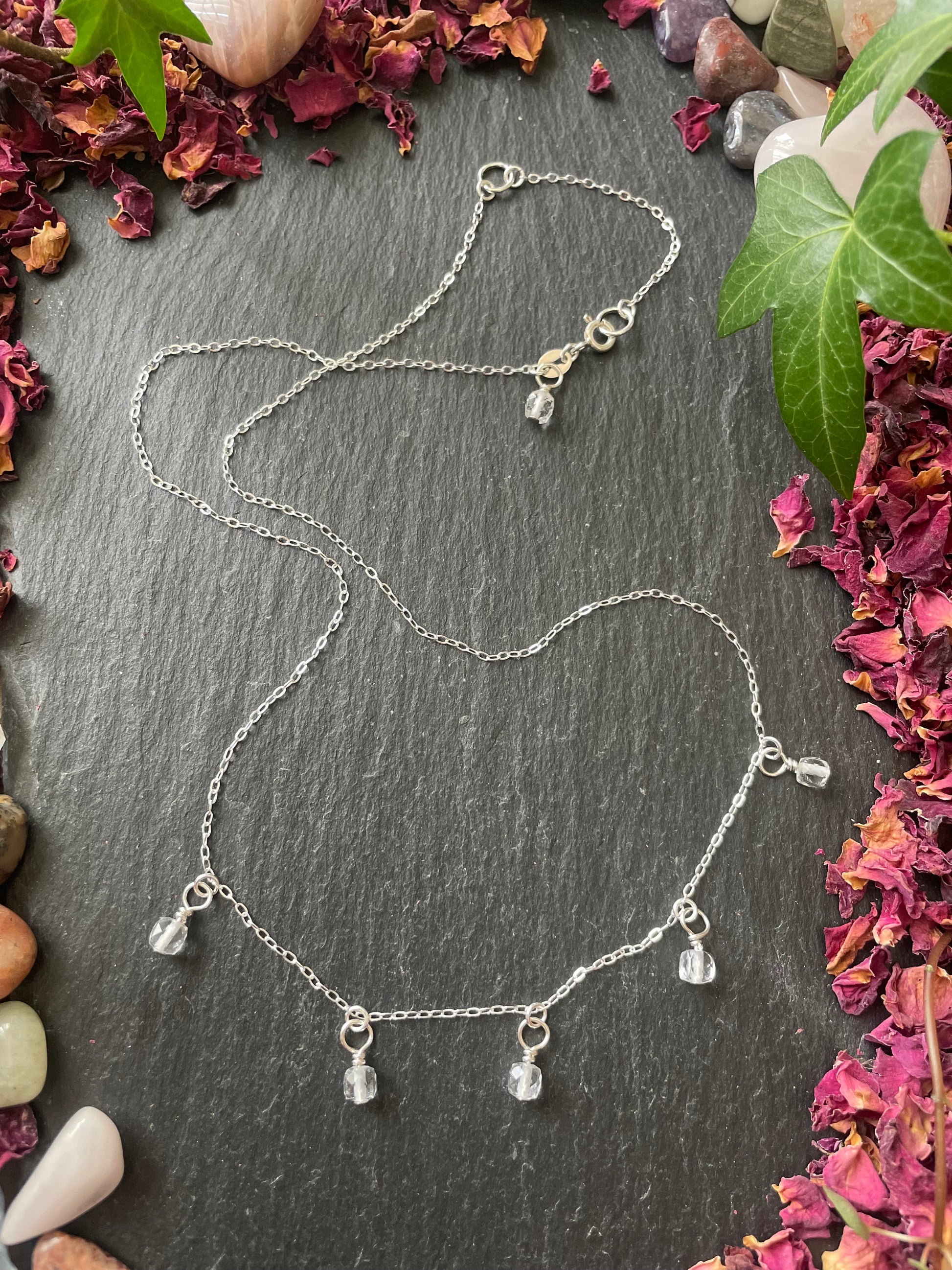 Image of silver necklace with quartz bead charms