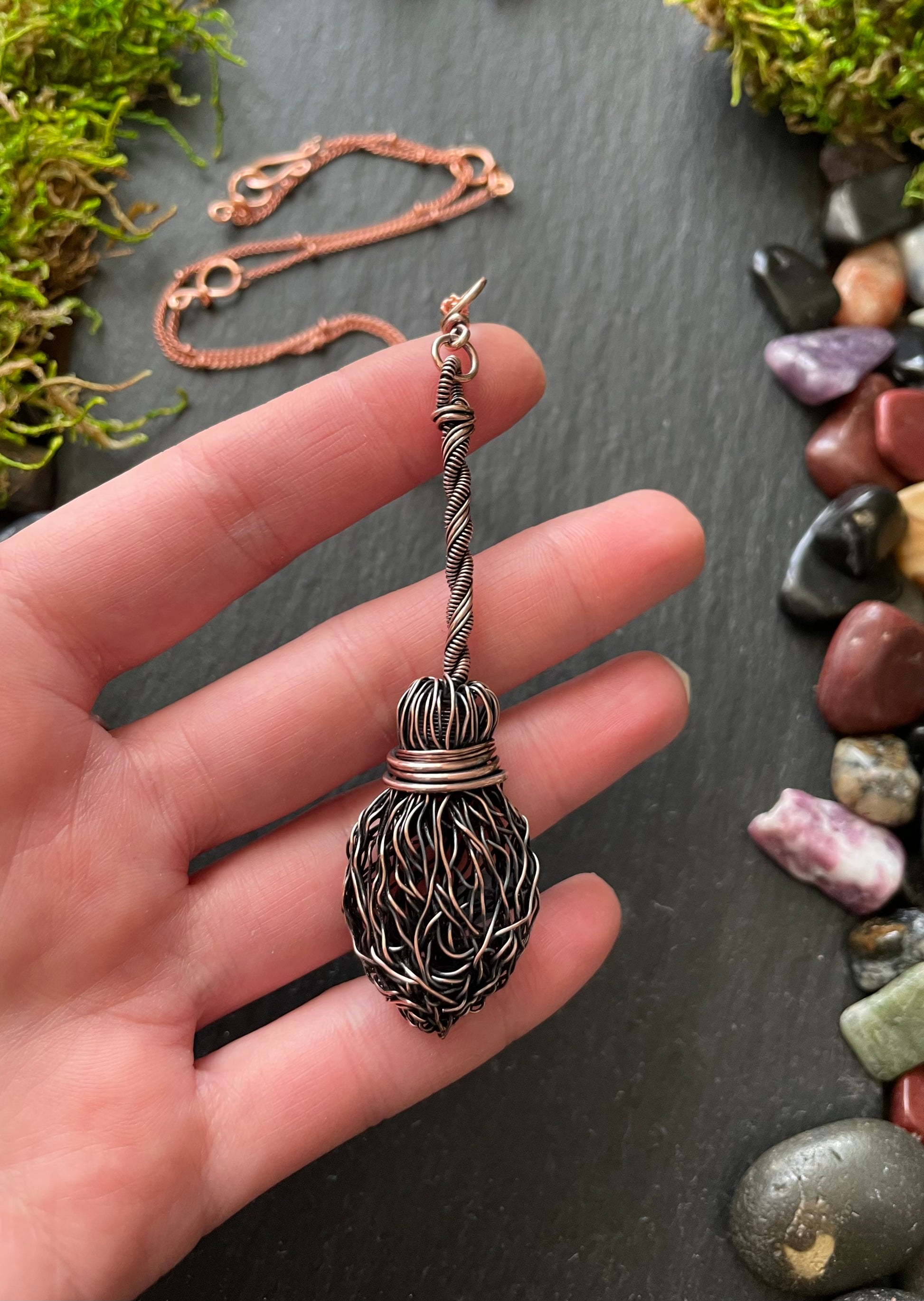 Image of miniature copper broom pendant