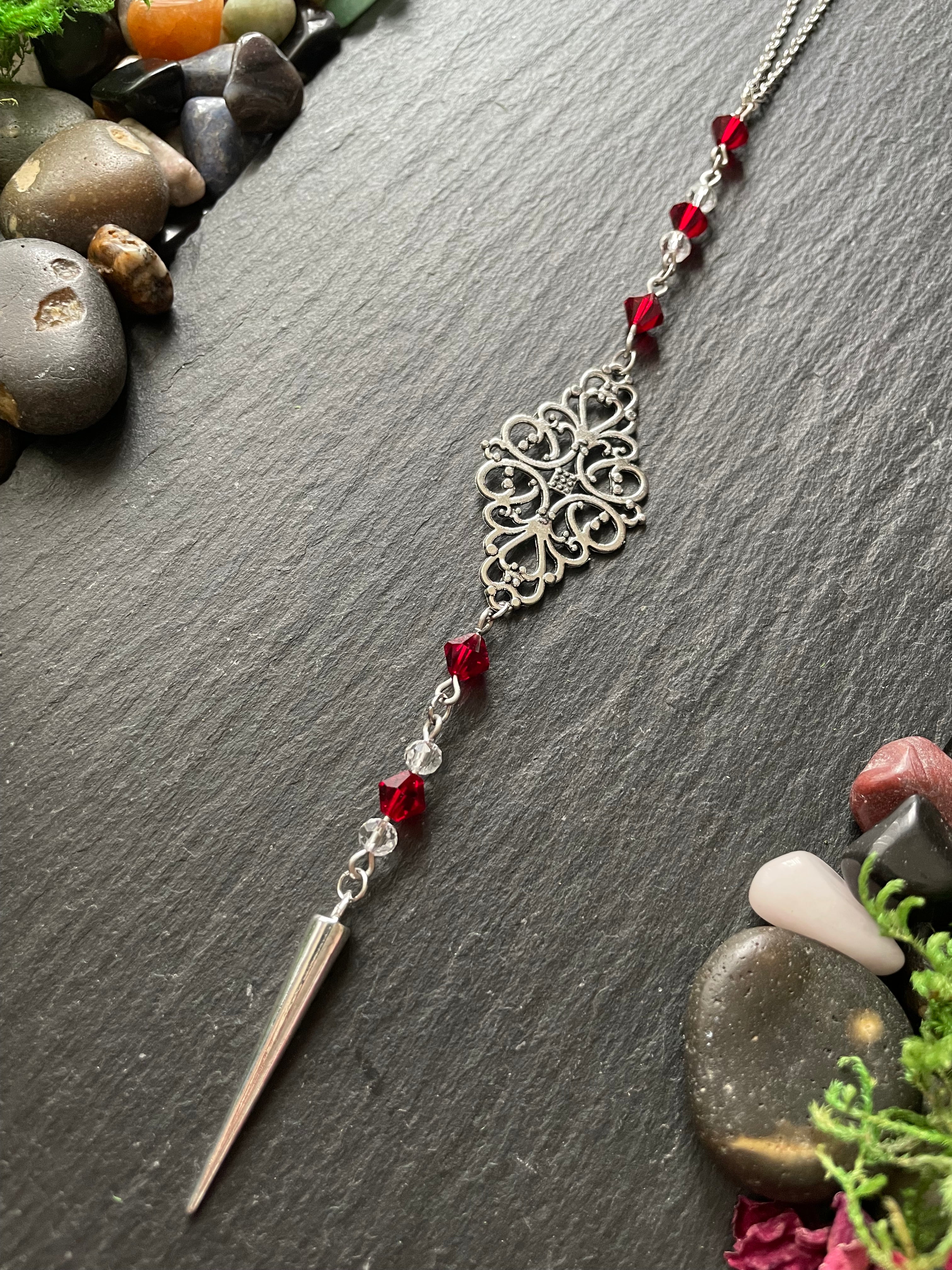 Silver and red gothic charm for a car mirror