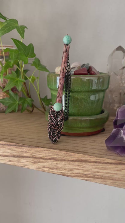 Video of miniature wire witch broom decoration with amazonite bead