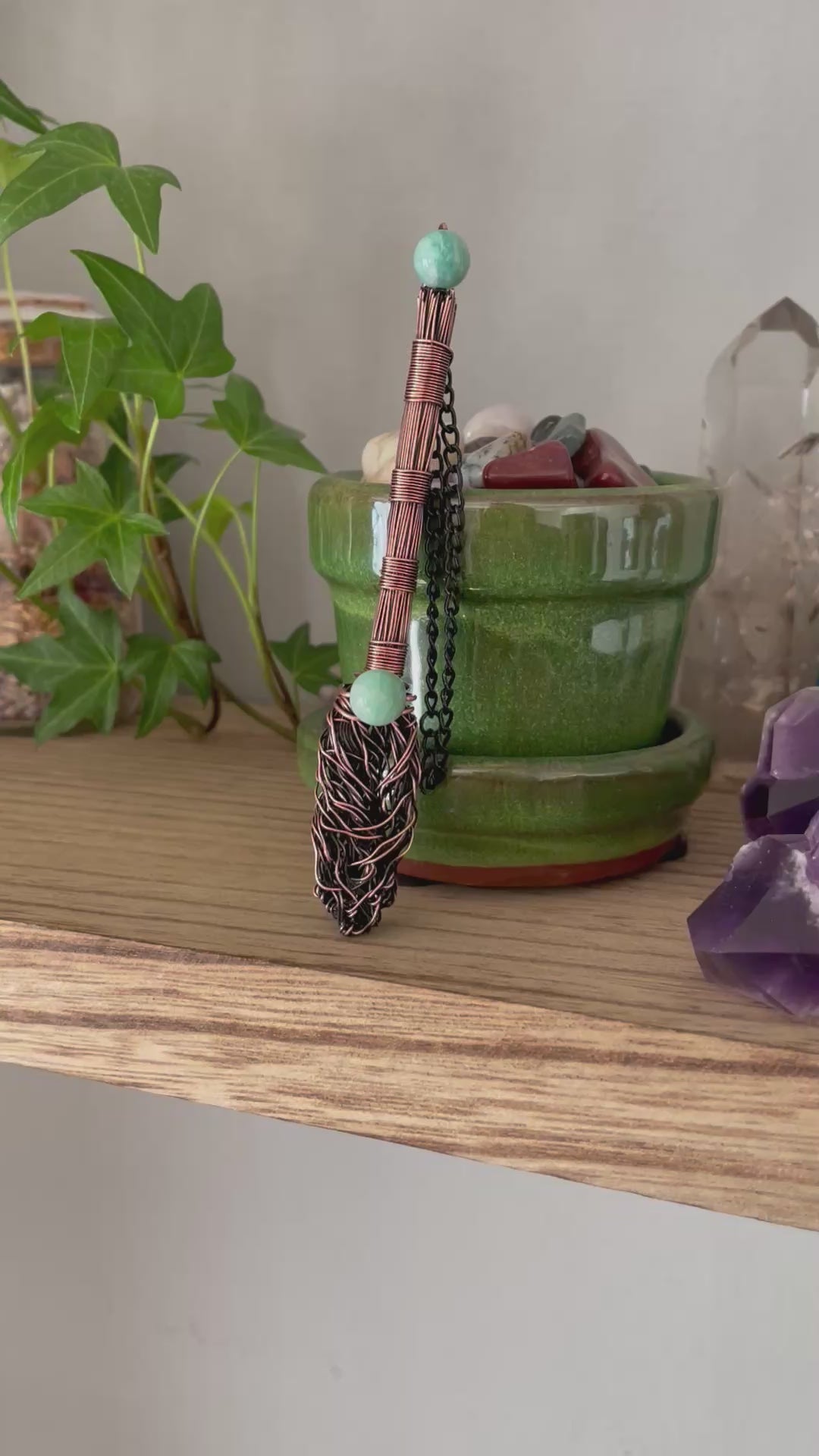 Video of miniature wire witch broom decoration with amazonite bead