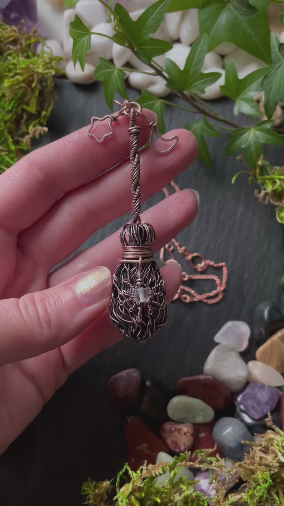 Video of antiqued copper broom pendant