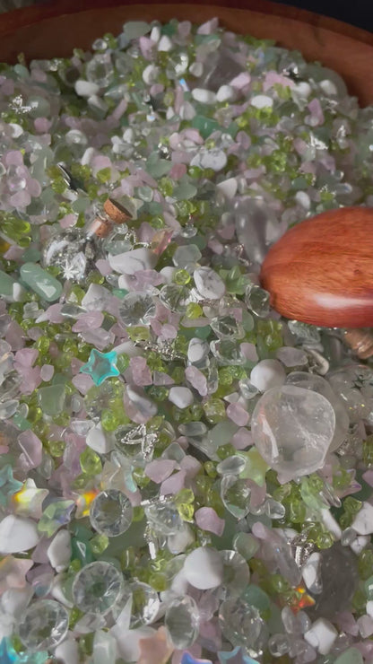 Magical Mini Fairy Forest Crystal Confetti With Wooden Box, Quartz Point, And Selenite Stick