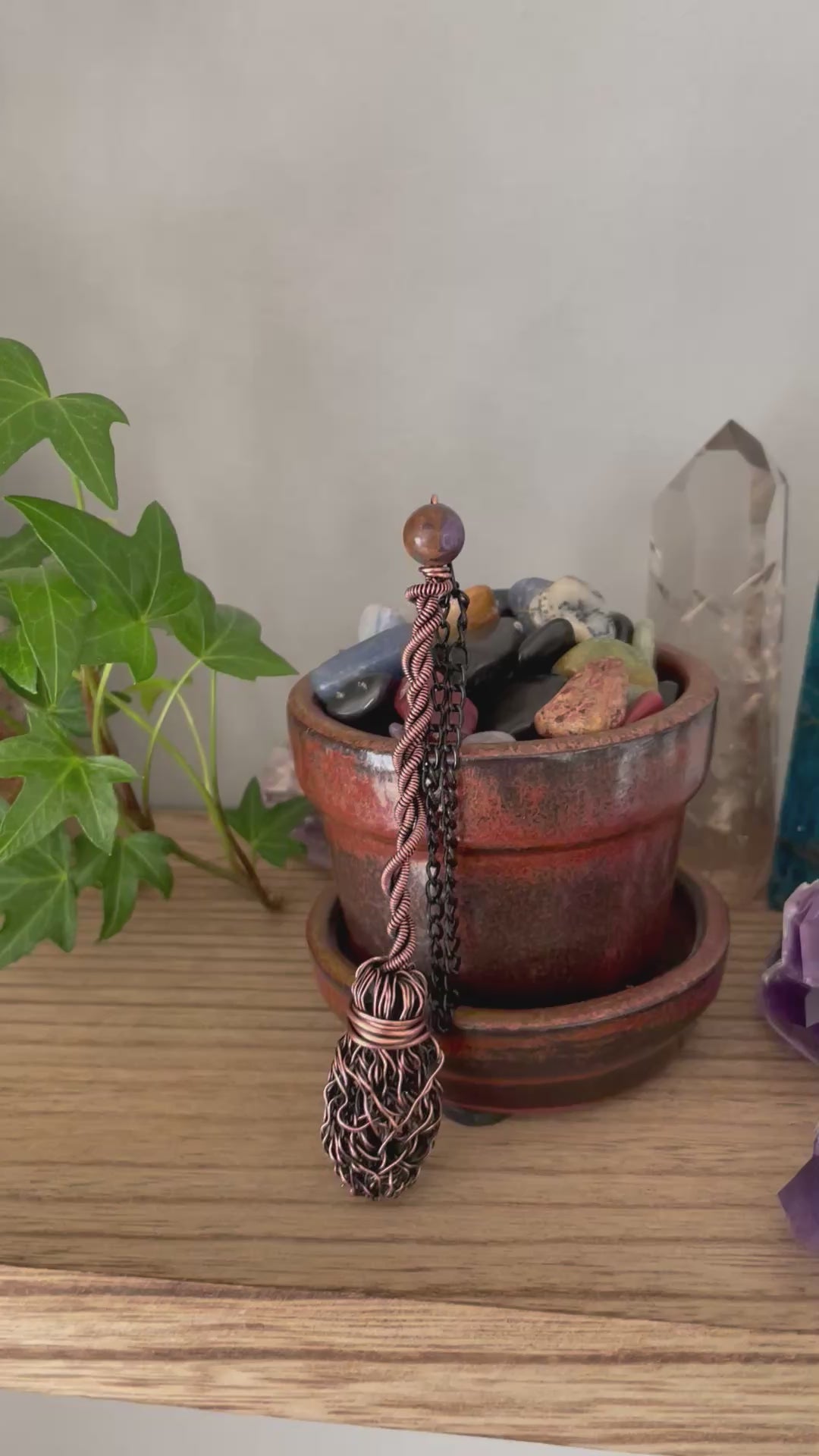 Video of miniature wire witch broom decoration with impression jasper bead
