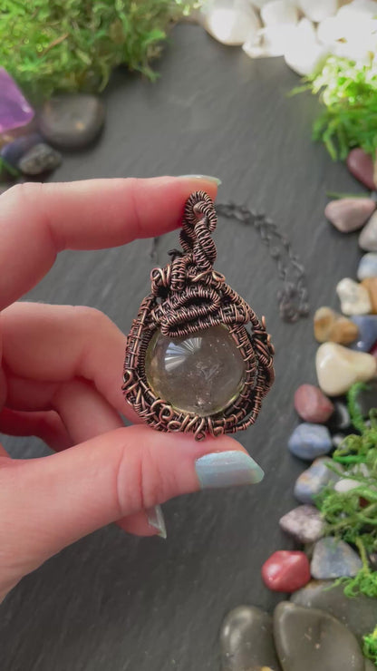 Magic Crystal Ball Amulet With Smoky Quartz Sphere In Copper Wire Weave | With Handmade Black Chain