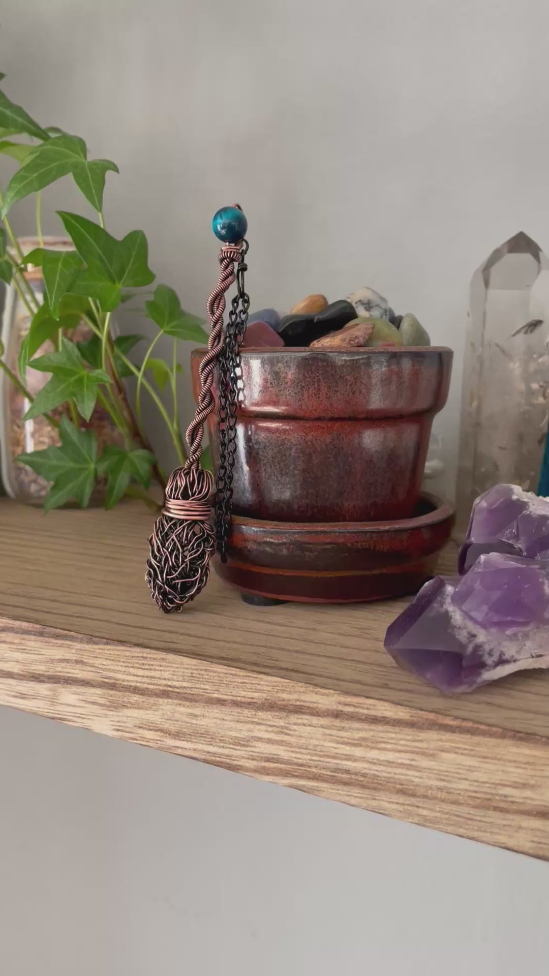 Video of miniature wire witch broom decoration with blue tiger's eye bead