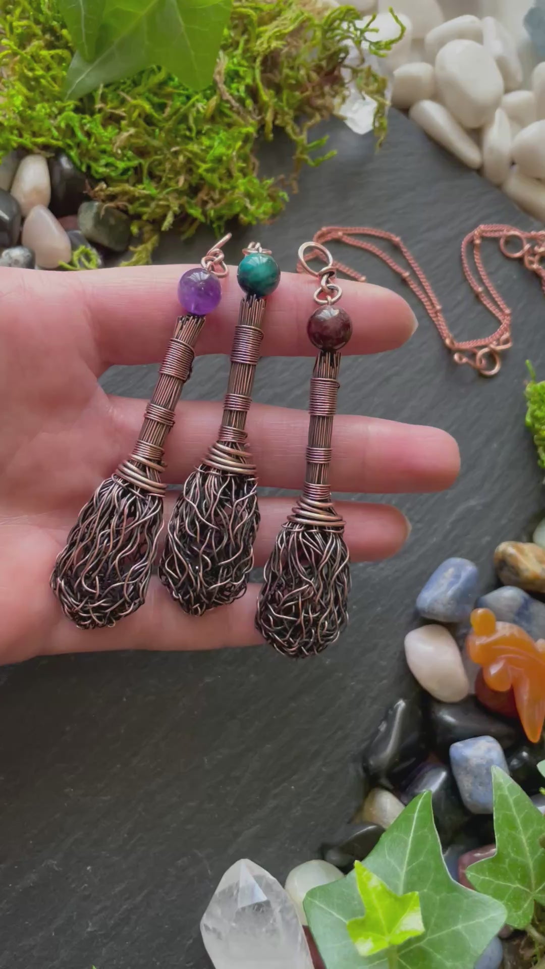 Video of miniature copper wire broom pendants