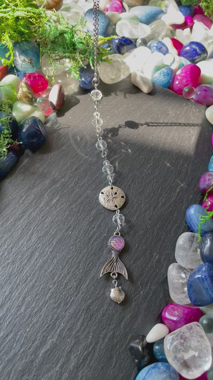 Mermaid Car Mirror Charm With Glass Beads, Sand Dollar, Clam Shell, And Mermaid Tail