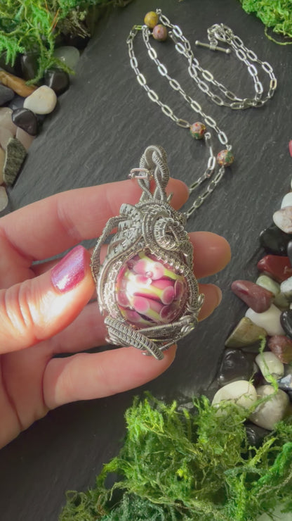 Magically Enchanted Flower Sphere Amulet In A Stainless Steel Wire Weave | One-of-a-Kind Handmade